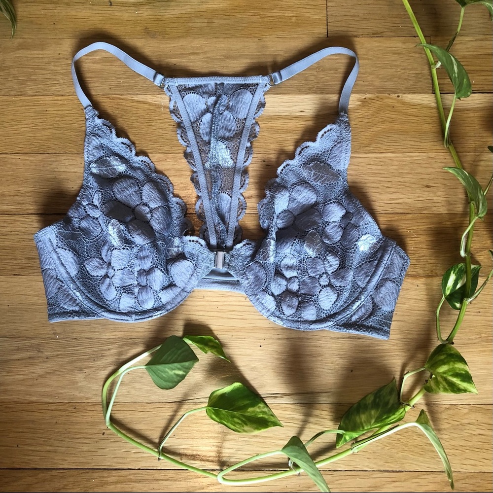 Aerie Gray Unlined Lace Plunge Bra 34C